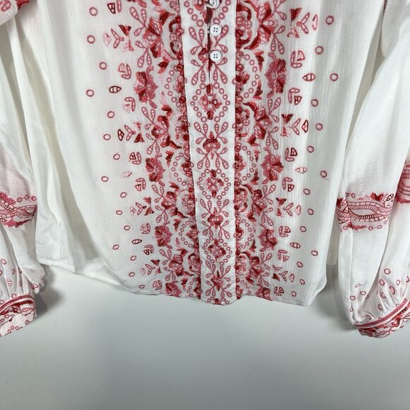 Hale Bob Mimi Embroidered Crepe Top XS White Pink Boho Hippie Floral - Picture 3 of 10